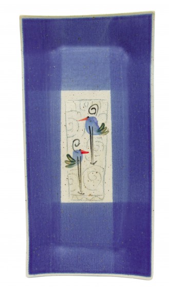 Dark Blue Ceramic Tray with Birds in a White Rectangle and Swirling Lines