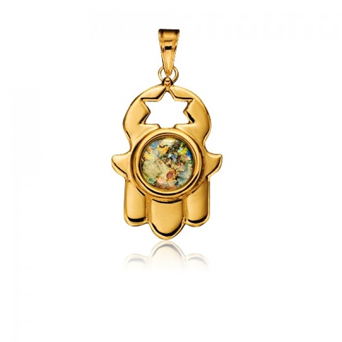 Hamsa Pendent with Roman Glass and Star of David in 14K Gold