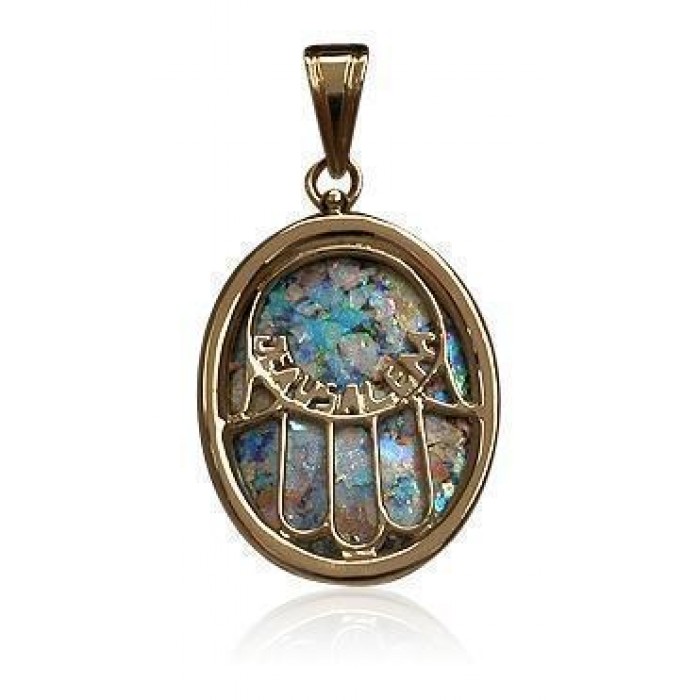 Oval 14k Yellow Gold Pendant with Hamsa and Ancient Roman Glass