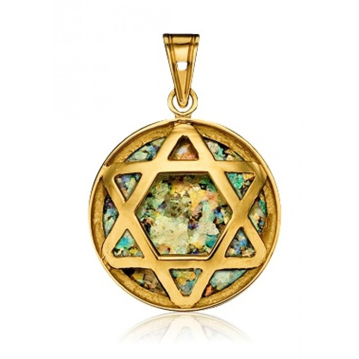 Round Star of David Pendant in 14K Yellow Gold and Roman Glass