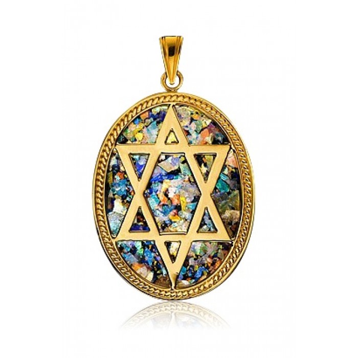 Oval Star of David Pendant in 14K Yellow Gold and Roman Glass