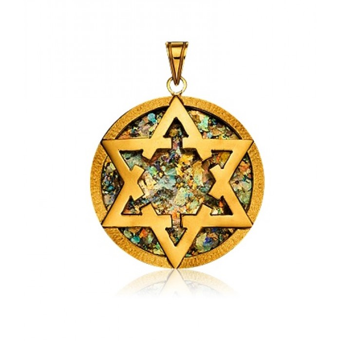 Circle Frame Star of David Pendant in 14K Yellow Gold and Roman Glass