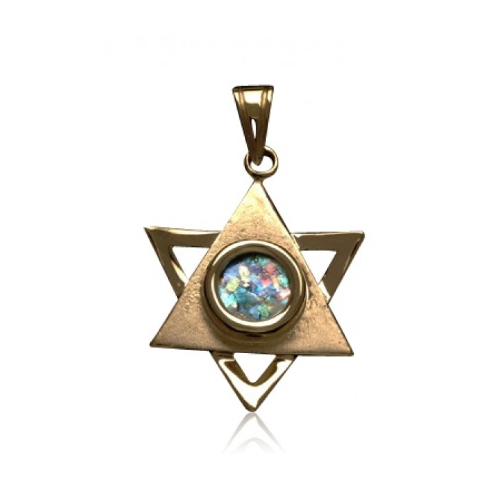Two Triangles Star of David Pendant in 14K Yellow Gold and Roman Glass