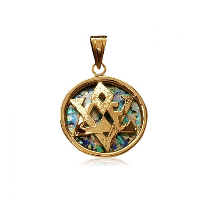 Vintage Star of David Pendant with Circle Frame in 14K Yellow Gold and roman Glass