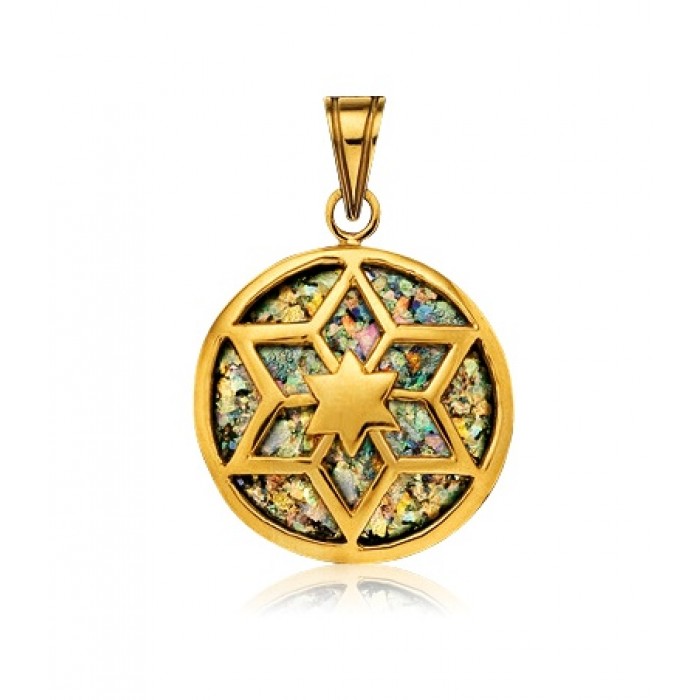 Circled Star of David Pendant in 14K Yellow Gold and Roman Glass