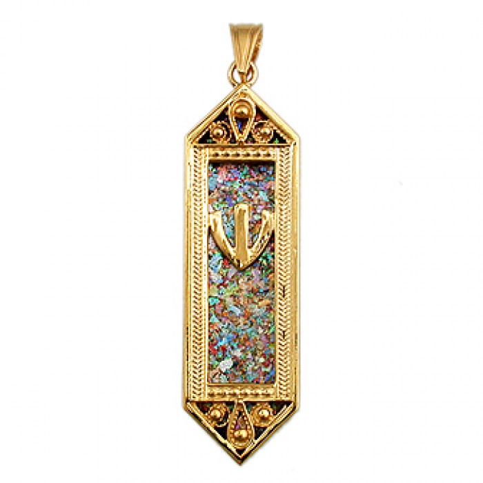 14k Yellow Gold Mezuzah Pendant with Large Shin and Roman Glass Panel