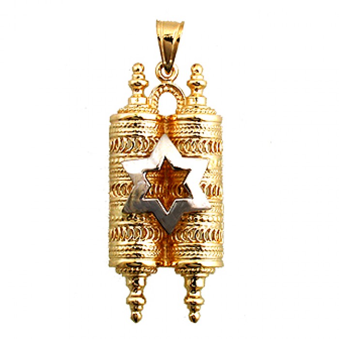 14k Yellow Gold Torah Scroll Pendant with Star of David and Scrolling Lines