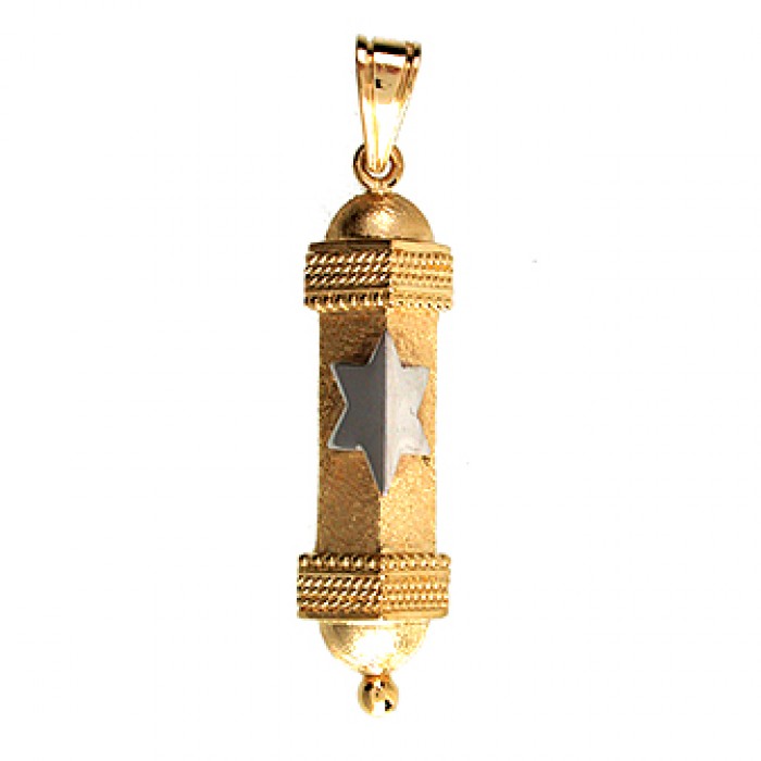 14k Yellow Gold Mezuzah Pendant with Star of David and Textured Body