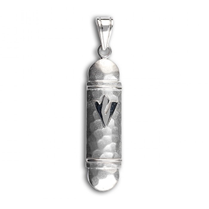 14k White Gold Mezuzah Pendant with Hammered Surface and Stylized Shin