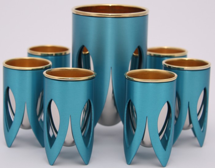 Turquoise and Silver Nickel Kiddush Cup Set with Lotus Design and 24K Gold