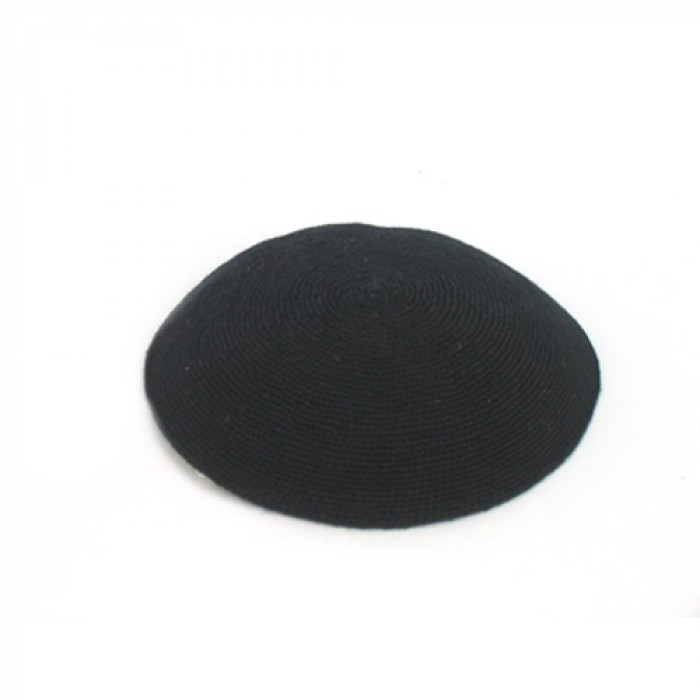 15 cm all black knitted kippah with encircling spiral design 