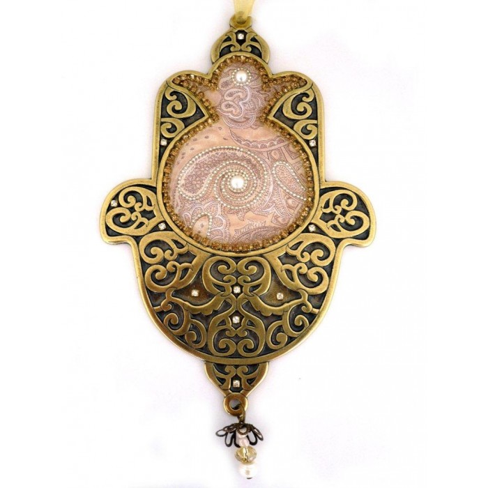 Brass Hamsa with Pomegranate, Scrolling Lines and Crystals