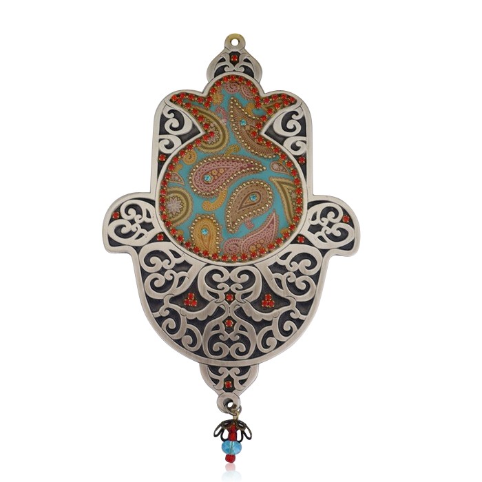 Silver Plated Hamsa with Pomegranate, Paisleys and Red Crystals