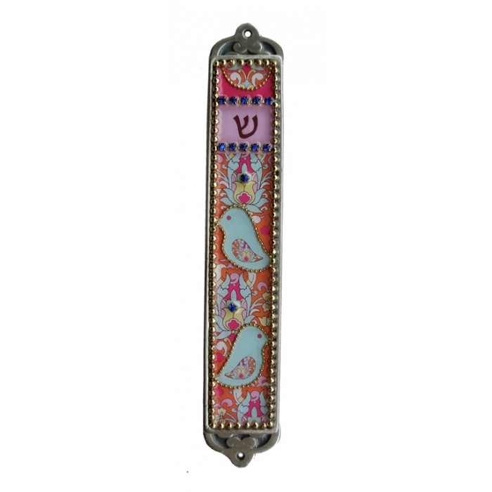  Hand Painted Mezuzah Case with Doves and Czech Stones by Iris Designs