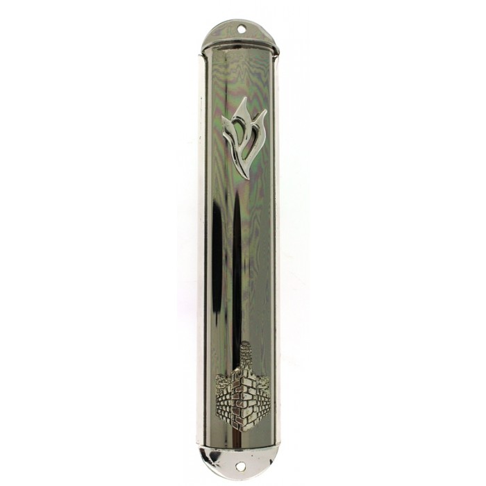 Grey Metal Mezuzah with Hebrew Letter Shin and Tower of David