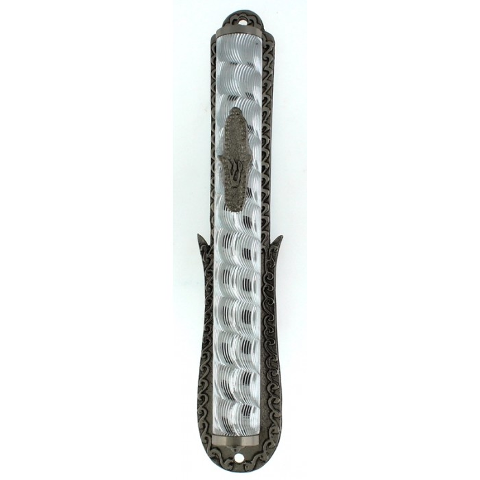 Pewter Mezuzah with Hamsa Style Back and Jeweled Body for 12cm Scroll