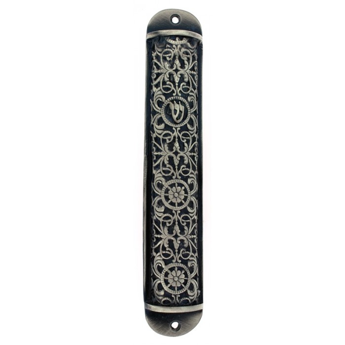 Pewter Mezuzah with Scrolling Lines and Shin in Blue and Grey