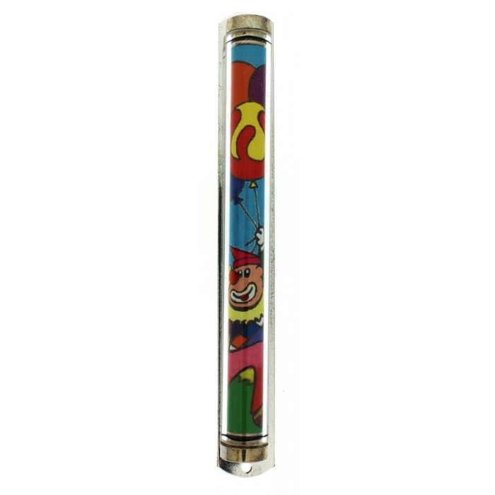 Children’s Mezuzah with Painted Clown and Hebrew Letter Shin for 12cm Scroll