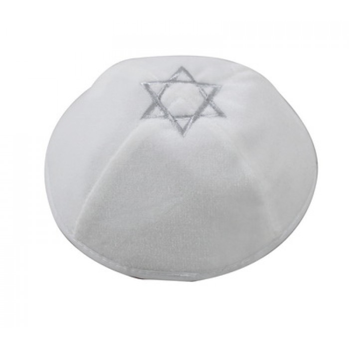 White Velvet Kippah with Silver Star of David and Four Sections
