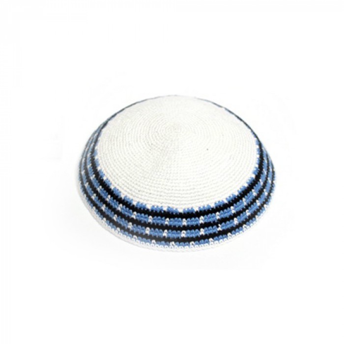 15cm White Knitted Kippah with Alternating Black and Blue Stripes