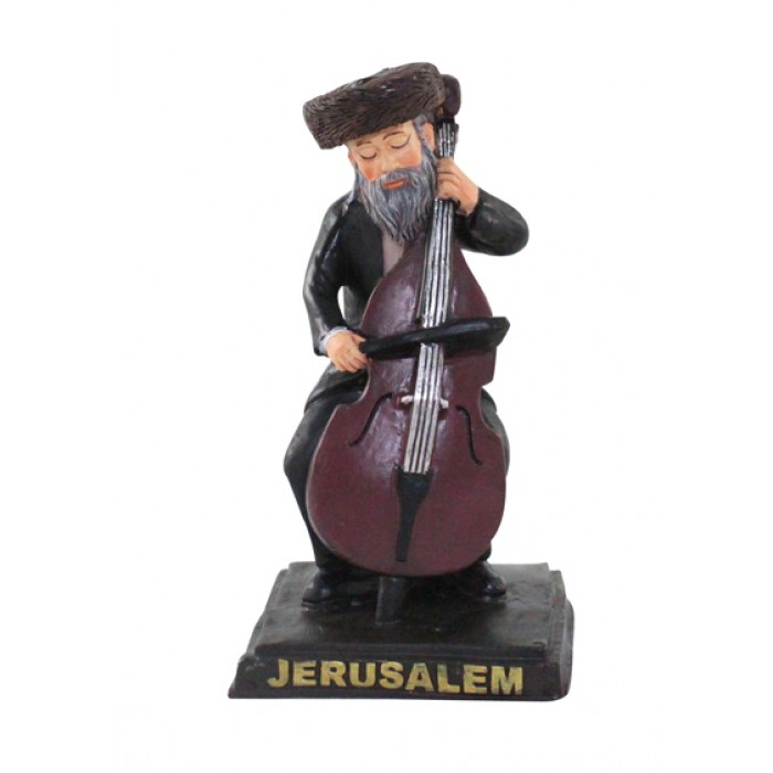 Polyresin Hassidic Klezmer Figurine with Bassist and Jerusalem Base