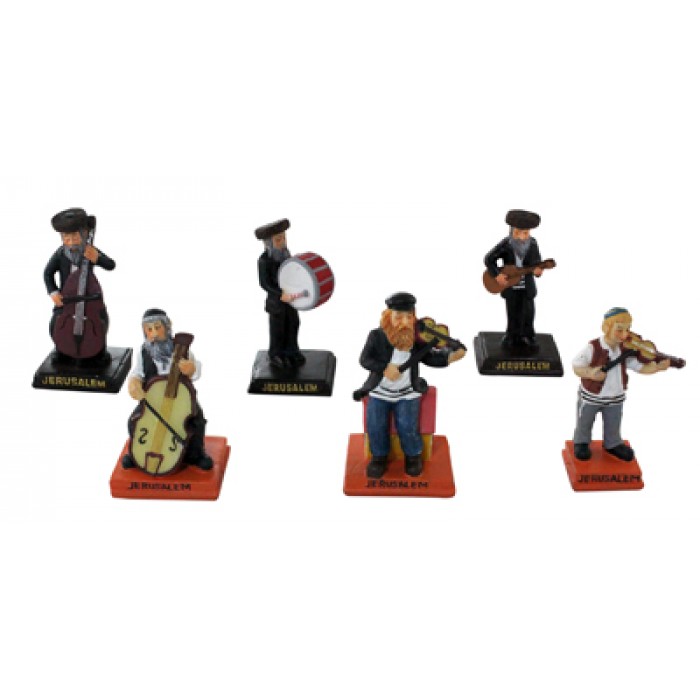 Polyresin Figurine Set with Six Musicians, Black and Red Bases with Jerusalem