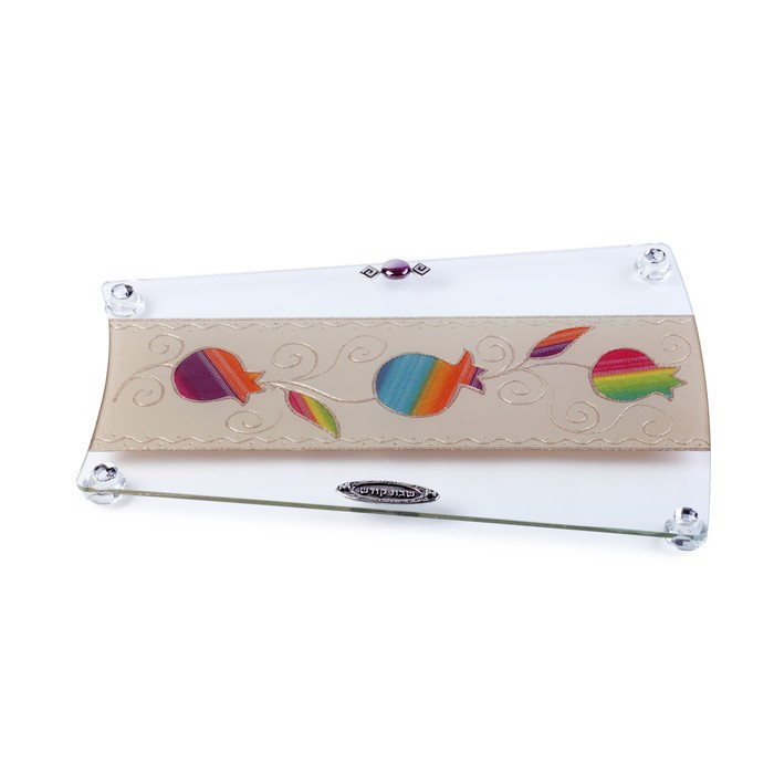 Glass Challah Board with Trapezoid Shape, Hebrew Text and Pomegranates