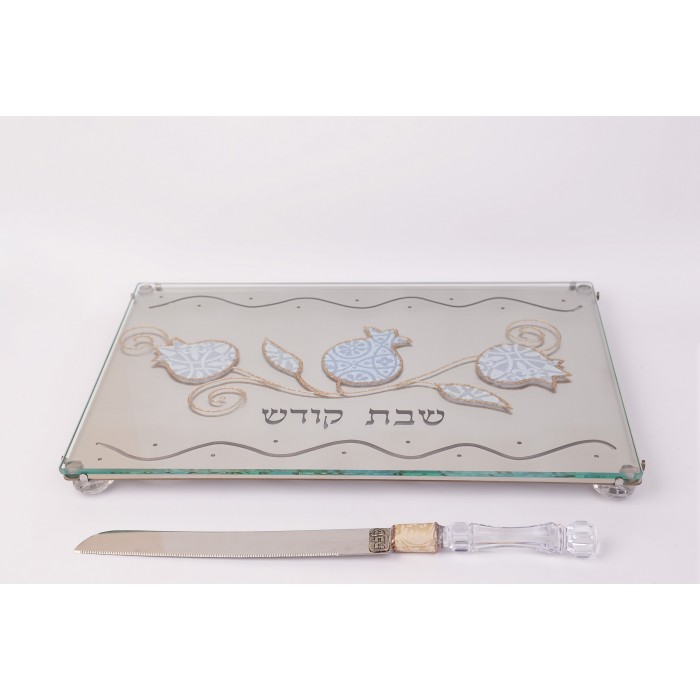 Glass and Stainless Steel Challah Board with Pomegranates