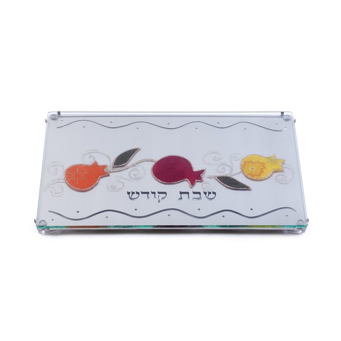 Glass and Stainless Steel Challah Board with Pomegranates and Cutout Ornaments