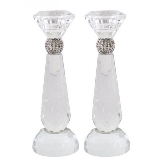 Crystal Shabbat Candlesticks with Silver Bead Orb and Traditional Shape