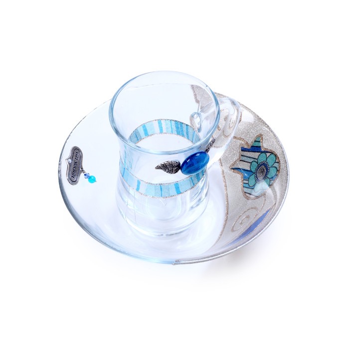 Glass Mayim Acharonim Set with Blue Stripes and Floral Pattern
