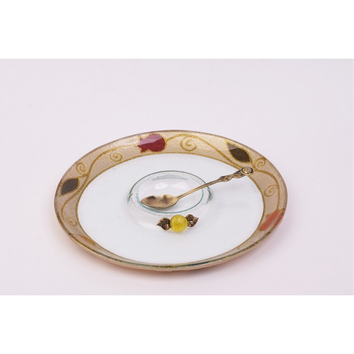 Large Round Glass Honey Dish with Spoon, Pomegranates and Beads