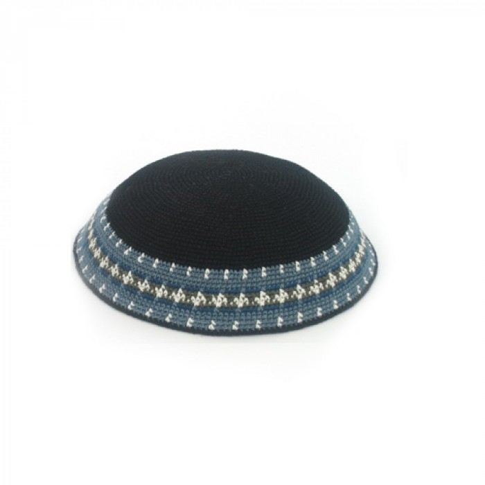 17 Centimetre Tightly-Knitted Kippah in Black with Wide Blue and Grey Border