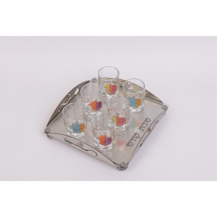 Glass Wine Cup Set with Stainless Steel Tray, Hebrew Text and Pomegranates