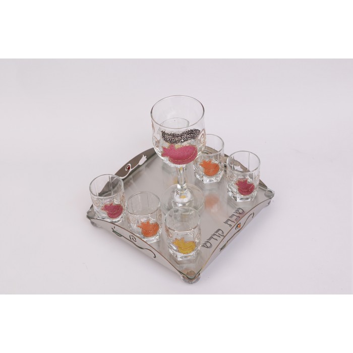 Glass and Stainless Steel Wine Cup Set with Pomegranates, Hebrew Text and Beads