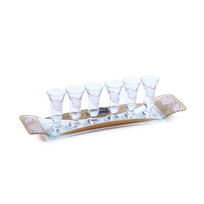 Glass Wine Cup Set with White Pomegranates and Hebrew Text
