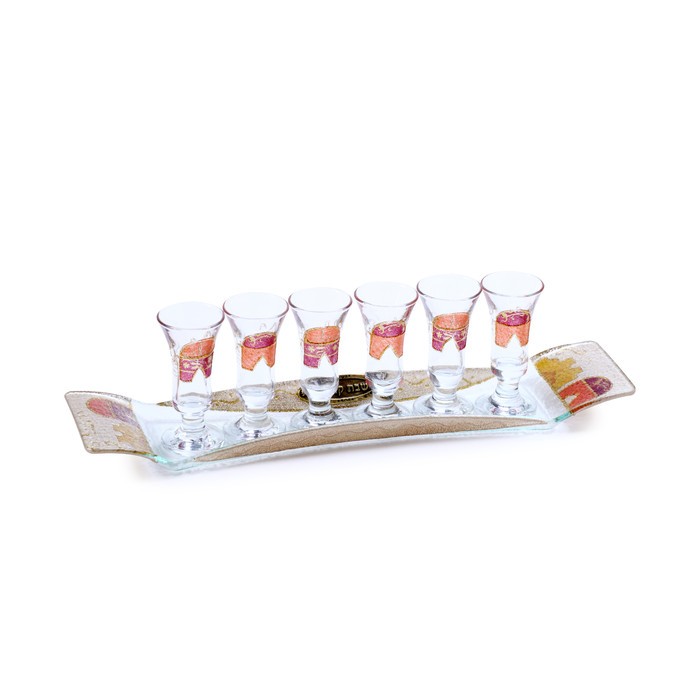 Glass Wine Cup Set with Orange and Red Jerusalem Theme and Floral Pattern