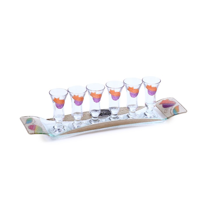 Glass Wine Cup Set with Bright Pomegranates and ‘Shabbat Kodesh’