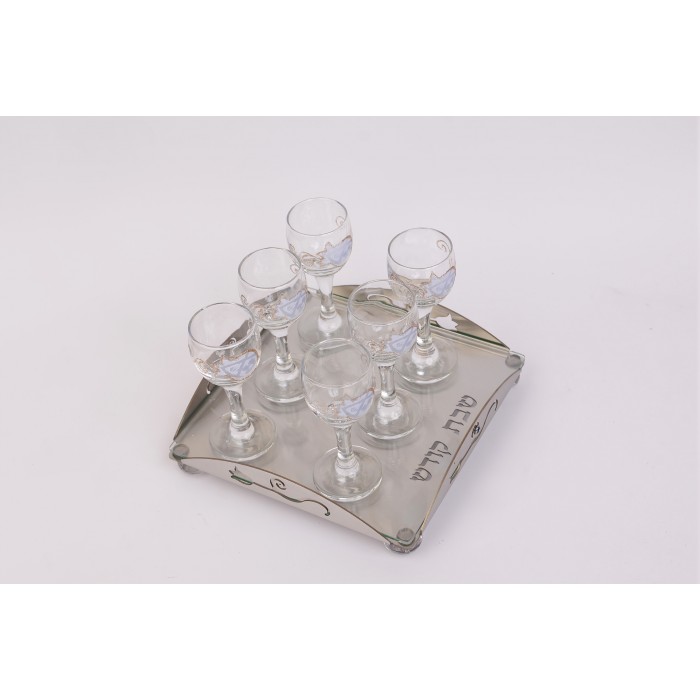 Glass Wine Cup Set with Steel Tray, White Pomegranates and Cutout Hebrew Text
