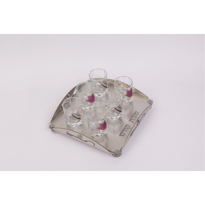 Wine Cup Set with Stainless Steel and Glass Tray and Large Flowers
