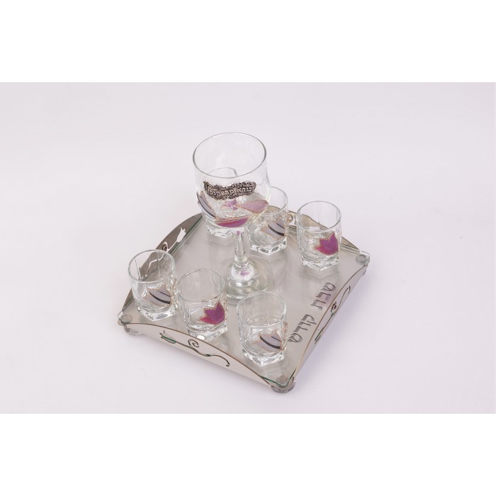 Wine Cup Set with Steel and Glass Tray, Kiddush Cup and Floral Pattern