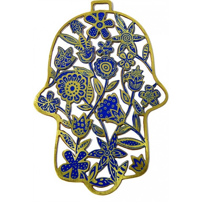Yair Emanuel Aluminum Hamsa with Black and Gold Floral Pattern