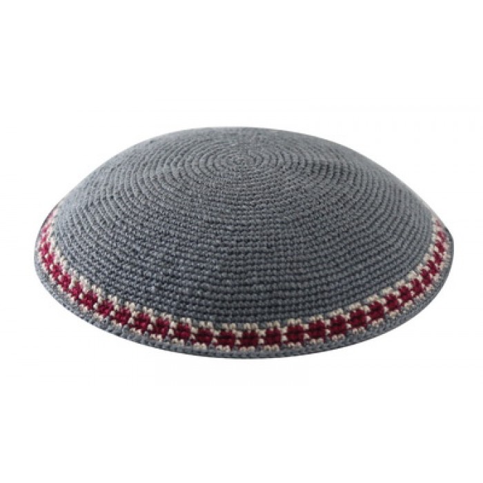 Grey DMC Knitted Kippah with Red and Beige Stripe and Squares