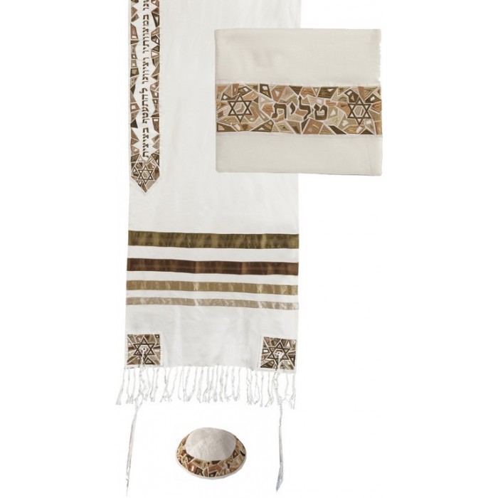 Yair Emanuel Raw Silk Tallit Set with Embroidered Gold Decorations