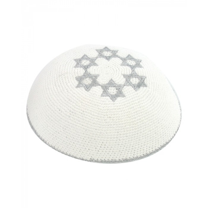 White Knitted Kippah with Embroidery
