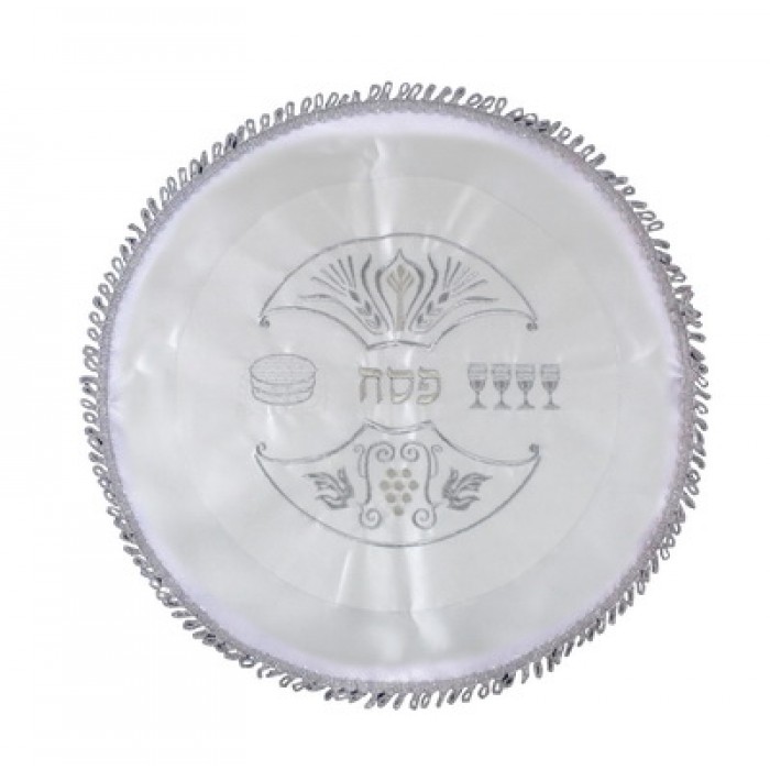 White Matzah Cover with Hebrew Text, Passover Items and Vines