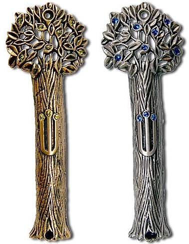 Tree of Life-shaped Mezuzah with Blue Beads and Hebrew Letter Shin