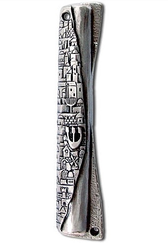 Silver Plated Mezuzah Cover with Jerusalem Scenery Wrapping