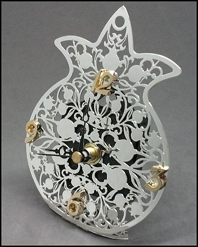 Sterling Silver Pomegranate-Shaped Clock with Floral Pattern and Raised Numbers