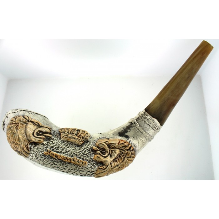 Two-Tone Sterling Silver Shofar with Lions and Jerusalem Text